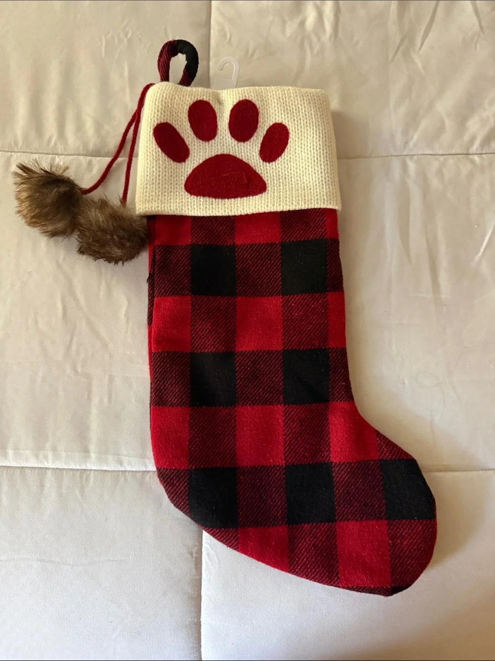 Red Plaid Dog Christmas Stocking with Paw Print